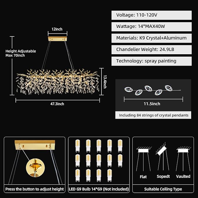 Modern Rectangular Chandelier, 47.3" Gold Crystal Tree Branch Chandelier 14 Lights Luxury Raindrop Light for Dining Room, Kitchen Island, Living Room