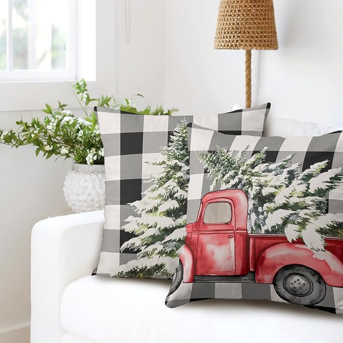 Christmas Buffalo Plaid Pillow Covers 18x18 Set of 2 Black and White Check Red Truck Pine Tree Throw Pillow Cover Farmhouse Winter Outdoor Pillow Cases Winter Holiday Decor for Home Couch