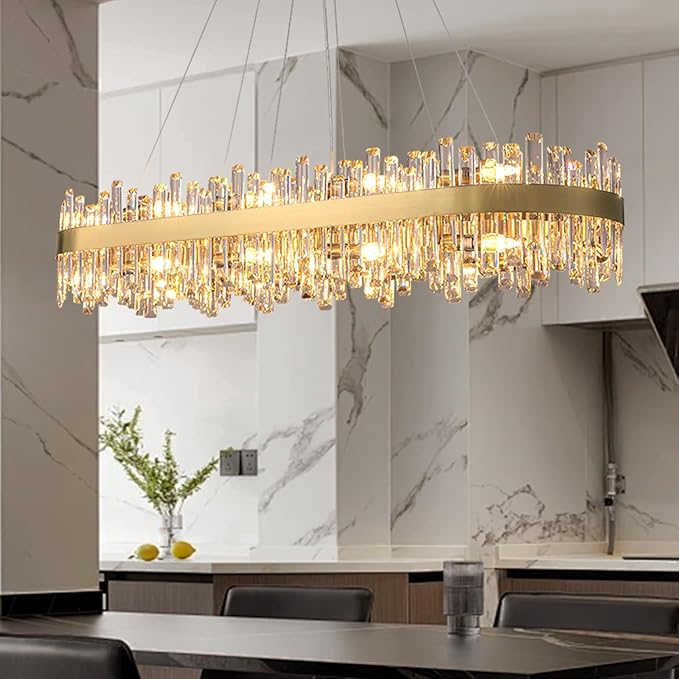 CROSSIO L52'' Modern Crystal Chandelier for Dining Room, 20-Light Gold Rectangular 2-Tiers K9 Crystal Raindrop Chandelier Flush Mount Pendant Ceiling Light for Dining Living Room Kitchen Island