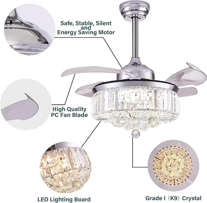 DuMaiWay 36" Dimmable Fandelier Crystal Ceiling Fan with Lights and Remote Modern Invisible Retractable Blades Chandelier Ceiling Fan Light Kit for Bedroom Living Room -Polished Chrome