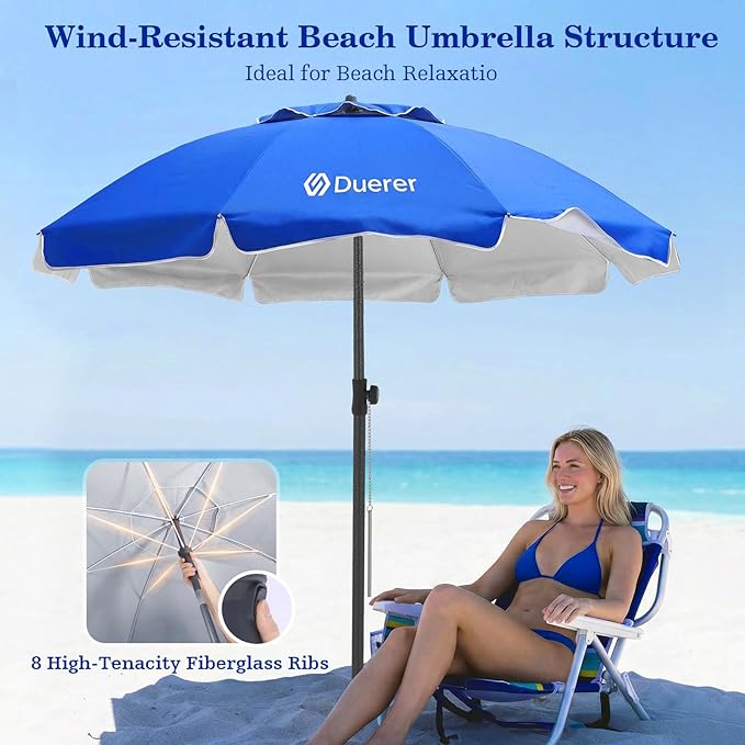 Duerer 7.5FT Beach Umbrella with Sand Anchor – Heavy Duty Windproof UPF 50+ Sun Shade, Portable Travel Beach Umbrella with Tilt & Carry Bag for Beach, Sand, Garden, Patio, Pool (Navy Blue)
