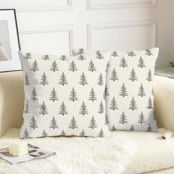 Christmas Tree Throw Pillow Covers Green White Xmas Pillow Cases 22x22 Inch Set of 2 Vintage Rustic Outdoor Seasonal Pillowcase Winter Holiday Farmhouse Decoration for Home Couch