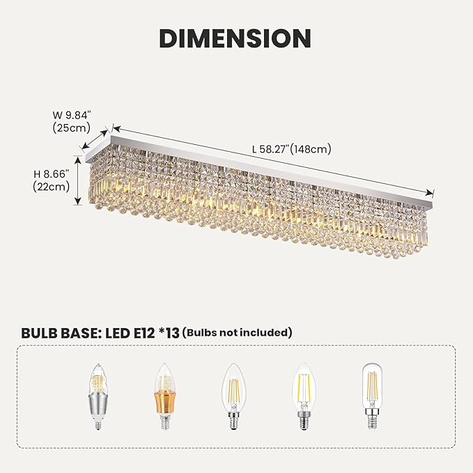 7PM Rectangular Chandelier, Modern Dining Room Light Fixture with Raindrop Chandelier Crystals, 13-Light Flush Mount Rectangle Chandelier for Dining Room Kitchen,Chrome Finish L59'' x W10'' x H9''