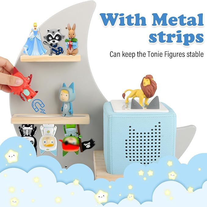 Moon + Stars for Toniebox 1/2 Tonies Figures Organizer Storage Shelf Wall Mounted, Magnetic Floating Shelves for Toniebox Player, Characters, Earphones, Display Collection 20~30 Characters (Gray)