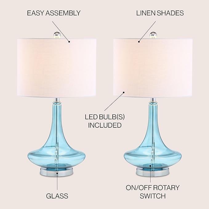 JONATHAN Y 25.5" Aqua/Chrome Glass Teardrop Table Lamp Set of 2 for Bedroom, Modern Bedside Lamps for Living Room, White Linen Drum Shade, LED Bulbs Included (JYL1081B-SET2)