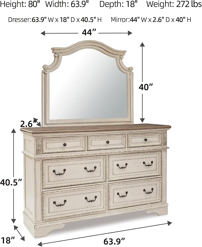 Signature Design by Ashley Realyn Vintage Smooth-Gliding 7-Drawer Dresser and Mirror with Safety Stop, White & Light Brown