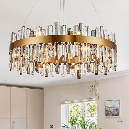 Siljoy Modern Crystal Chandelier, 16-Light Luxury Brass Gold 2-Tiers K9 Crystal Raindrop Chandelier Dimmable Crystal Pendant Ceiling Light for Dining Living Room Kitchen Island Entry Foyer D31.5''