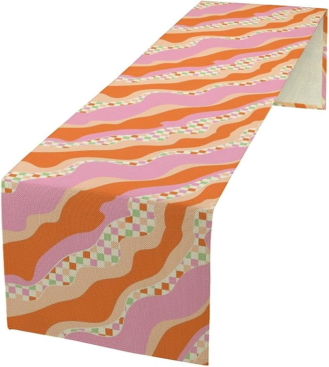 Groovy Rainbow Table Runner Hippie Abstract Rainbow 70s Colorful Geometry Retro Printed Dinner Runner for Living Room Kitchen Decoration 13x60in