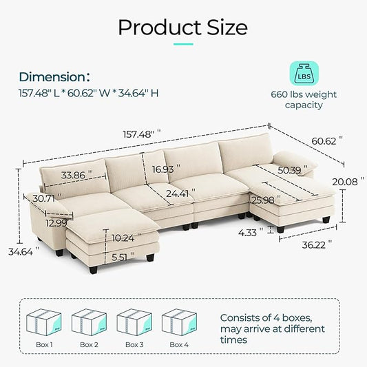 LINSY HOME 157'' Modular Sectional Sofa Beige Couch Corduroy Cloud Couches for Living Room, U Shaped Couch with Movable Ottoman, Modern Cloud Sectional Sofas for Bedroom and Apartment, Beige