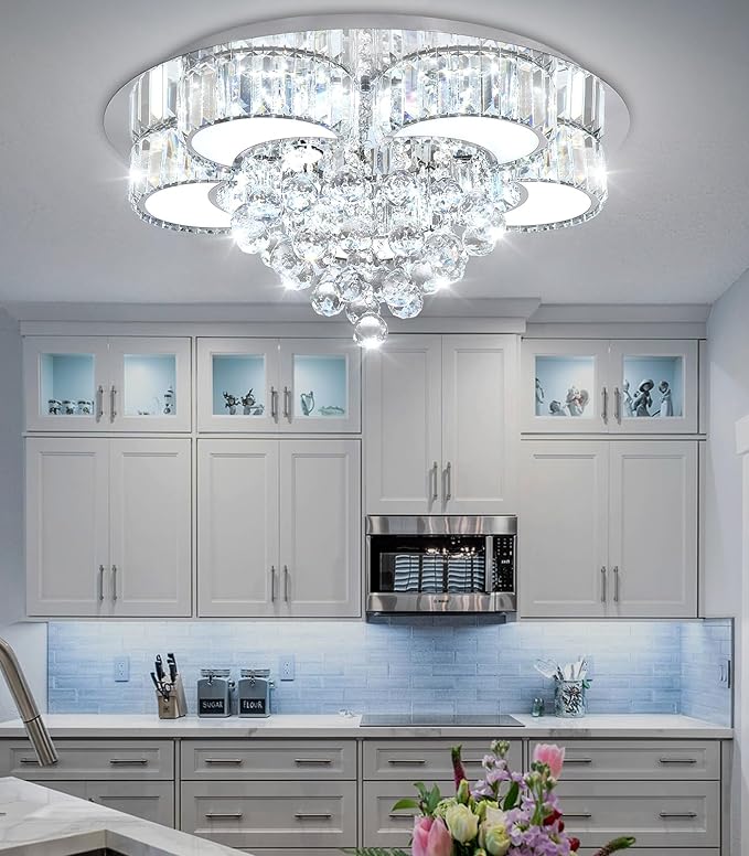 Modern Crystal Chandeliers for Dining Room LED Dimmable Light Fixtures Flush Mount Light Living Room Bedrooms