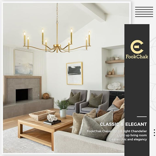 Gold Chandeliers for Dining Room, 8-Light Brass Chandelier Light Fixture Over Table Modern Candle Chandelier 44in Master Bedroom Chandeliers Lighting for Entry Foyer Bathtub Living Room
