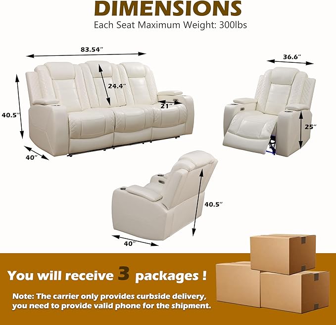 Power Recliner Sofa Set with LED, Breathing Leather Living Room Set 3 Piece, Reclining Couch and Two Chair with USB Port&Storage Console (Cream White, Upgared)