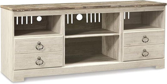 Signature Design by Ashley Willowton Farmhouse 3-Piece Entertainment Center for TVs up to 73" with LED Lighting, Whitewash