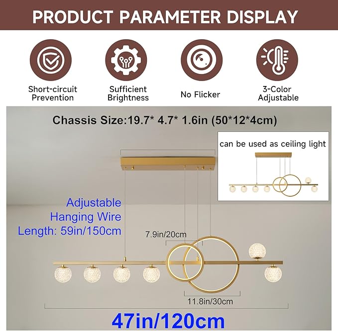 Modern Gold Chandeliers for Dining Room, 47in Dimmable LED Chandelier Linear Gold Pendant Light for Kitchen Island, Upgraded 6 Globe Hanging Pendant Chandelier Lighting (2 Rings, 4200lm)