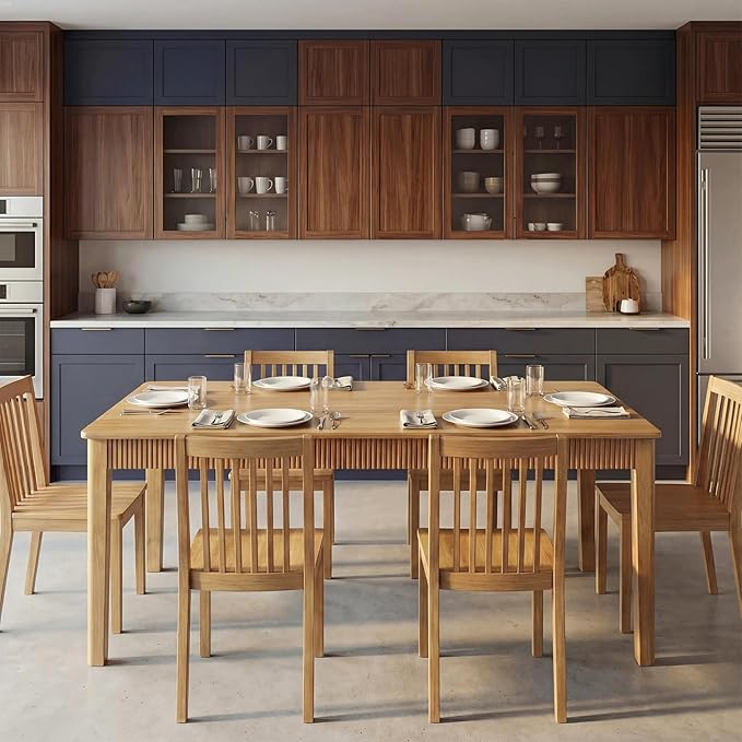 55" Solid Wood Dining Room Table for 4-6,Modern Farmhouse Rectangular Kitchen Real Wooden Table,Mid Century Fluted Design Large Furniture Desk for Home,Apartment,Living Room Nature
