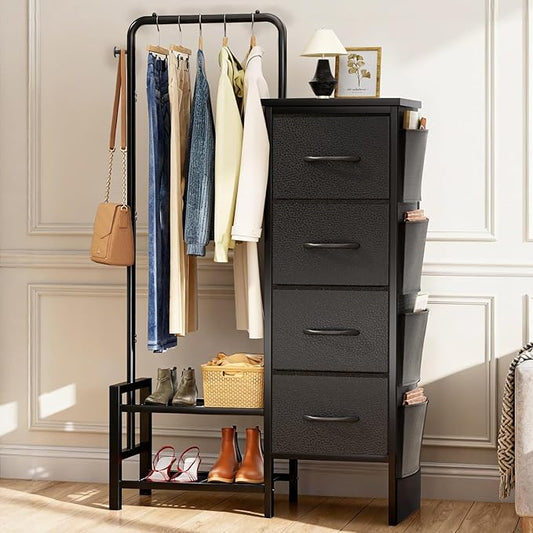 Dresser with Hanging Rack - 4 Drawers & 4 Side Bags, Fabric Chest of Drawers with with Bottom Shelves, 52" Tall Clothes Rack for Women/Kids Bedroom & Living Room - Black
