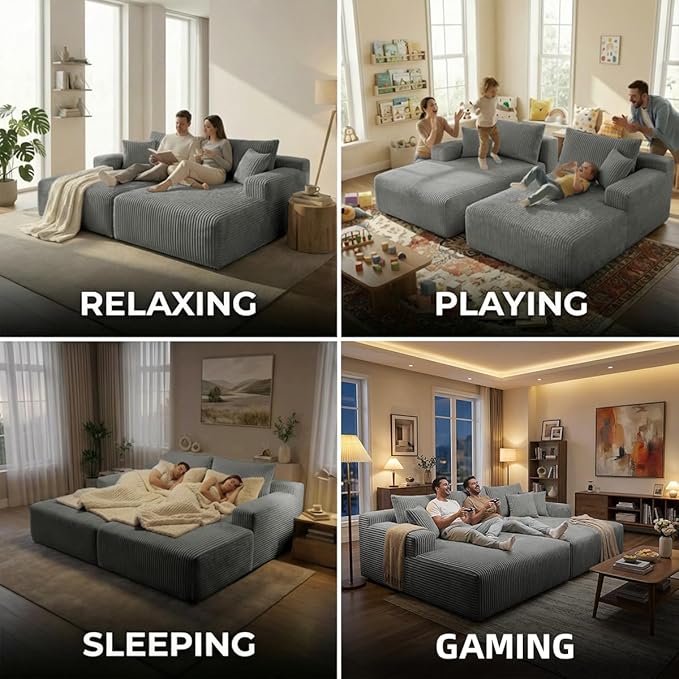 SYTOPIA Loveseat Chaise Lounge with Armrests, Oversized Sofa Bed with 4 Pillows, Cozy Boneless Sleeper, Modular Sectional Couch for Living Room Bedroom, Floor Chair Furniture sala Corduroy, Urban Grey