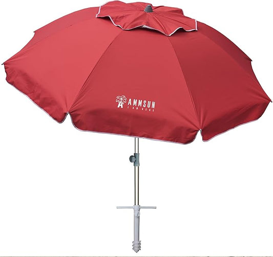AMMSUN 7ft Beach Umbrella with Sand Anchor & Tilt, UPF 50+ UV Protection, Windproof Fiberglass Ribs, Portable Lightweight Outdoor Umbrella with Carry Bag for Beach, Patio, Pool, Camping Red