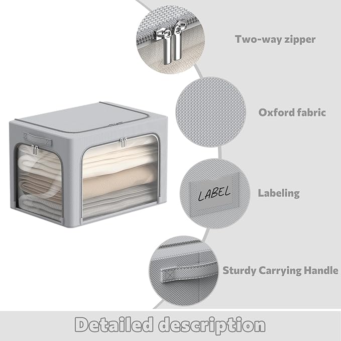 3Pack Clothes Storage Bins - Oxford Frame Storage Box Foldable Stackable Storage Organizer with 3 Openings Design, Metal Frame, Clear Window, Carry Handles (66L-19.7 * 15.7 * 13, Grey)