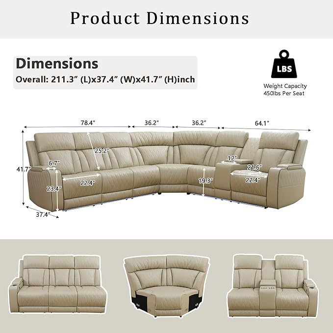 A Ainehome Living Room Furniture L Shaped Recliner Couch, Power Recliner Adjustable Sofa, Loveseat and Chair with Storage Console for Living Room/Office(C-Beige)
