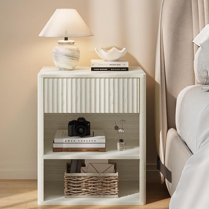 Nightstand Bedside Table Storage Drawer - Large Mid Century Modern Night Stand with Fluted Wood Storage Drawer and Open Shelf Bed Side Table for Bedroom Study Room, Ash White, Set of 1