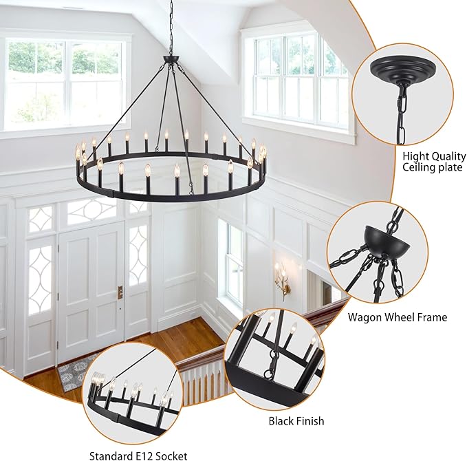 24-Light Black Wagon Wheel Chandelier Farmhouse, 48" Extra Large Chandeliers for High Ceilings, Round Matte Black Chandeliers for Dining Room, Kitchen Island, Foyer, Living Room, Entrance