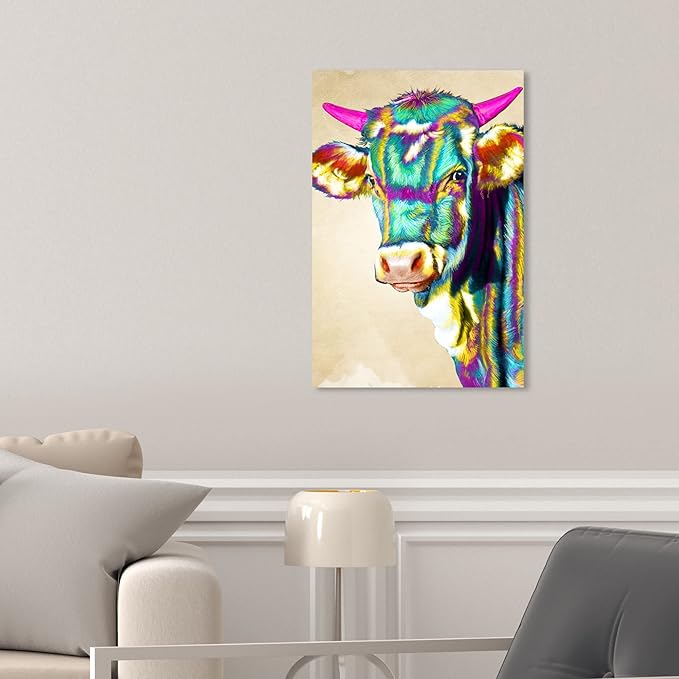 Country Farmhouse Canvas Print Painting Animal Wall Art 'Fun Colorful Glam Farm Cow' Unframed Gallery Wrapped Canvas Rustic Home Décor 10x15 in Green, Pink by Oliver Gal
