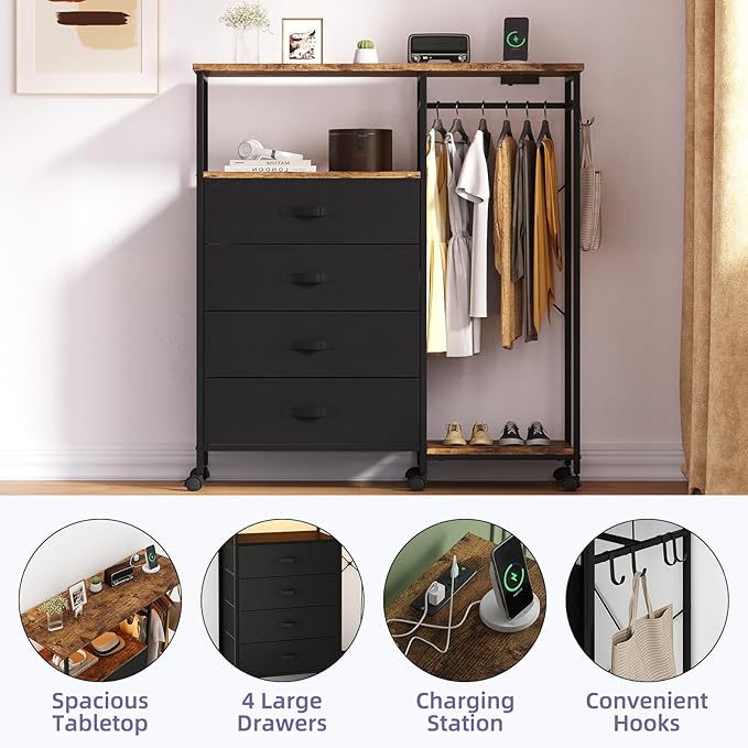 Dresser for Bedroom with Clothes Rack, 4 Drawers Dresser with Charging Station and LED Lights, Storage Chest of Drawers with Wheels, Wooden Top, for Closet, Living Room, Hallway, Rustic Brown
