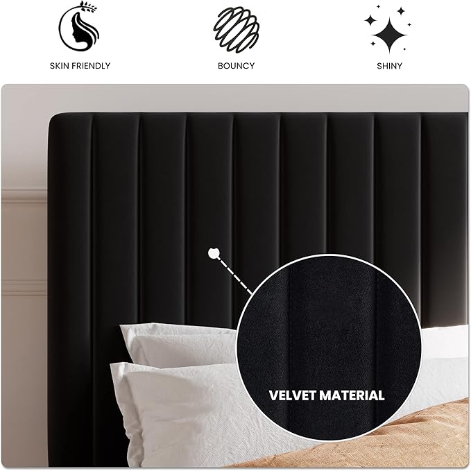 SHA CERLIN Queen Upholstered Platform Bed Frame with Adjustable Headboard/Vertical Channel Tufted Velvet Fabric/Wooden Slats Support/Mattress Foundation/Box Spring Optional/Black