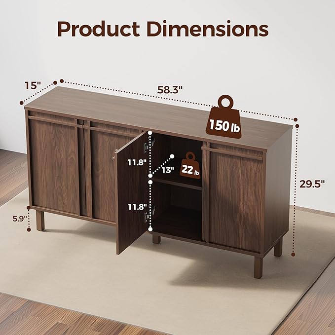 58" Sideboard Buffet Cabinet with Storage, 4 Doors, Adjustable Shelves, Wooden Mid Century Coffee Bar Cabinet for Kitchen, Living Room, Entryway, Walnut