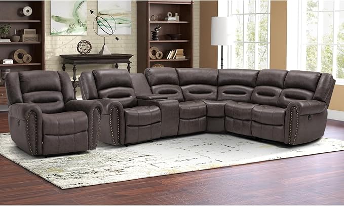 EBELLO Faux Leather Reclining Sectional Sofa Set, L-Shaped Power Corner Couch Home Furniture Set with Storage Console, Cup Holders, USB Port(Dark Brown,Sofa with Recliner)