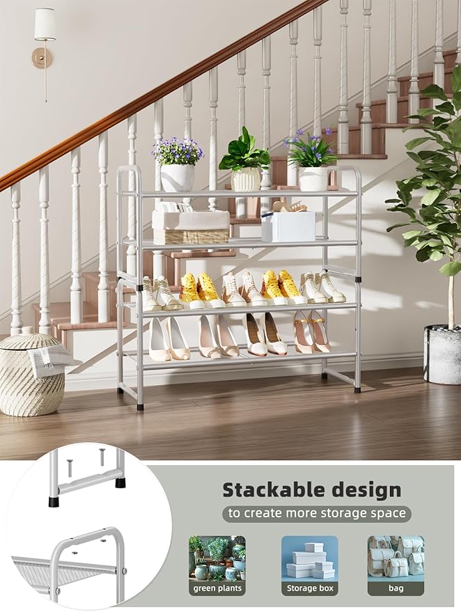 SUFAUY Mesh Shoe Rack Two Tier Stackable Closet Metal Shoe Organizer Shelf, Gray