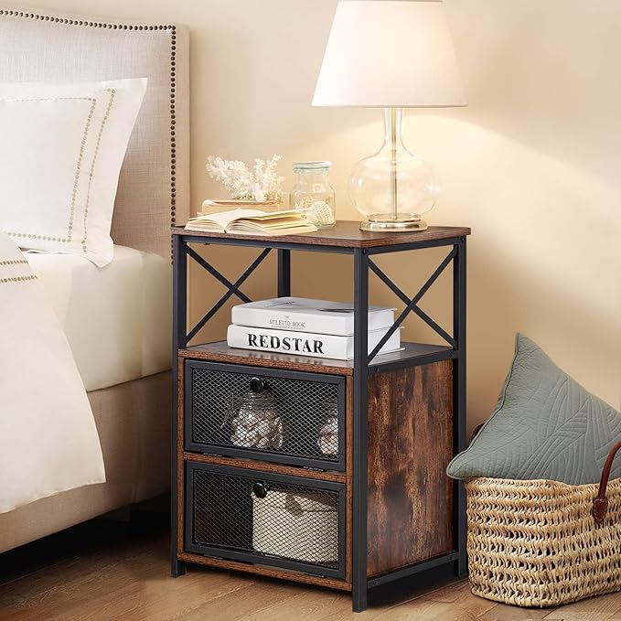VECELO Nightstand Set of 1, End Table with Flip Drawer, Modern Night Stand for Bedroom,Living Room, Office, Easy Assembly, Vintage Brown