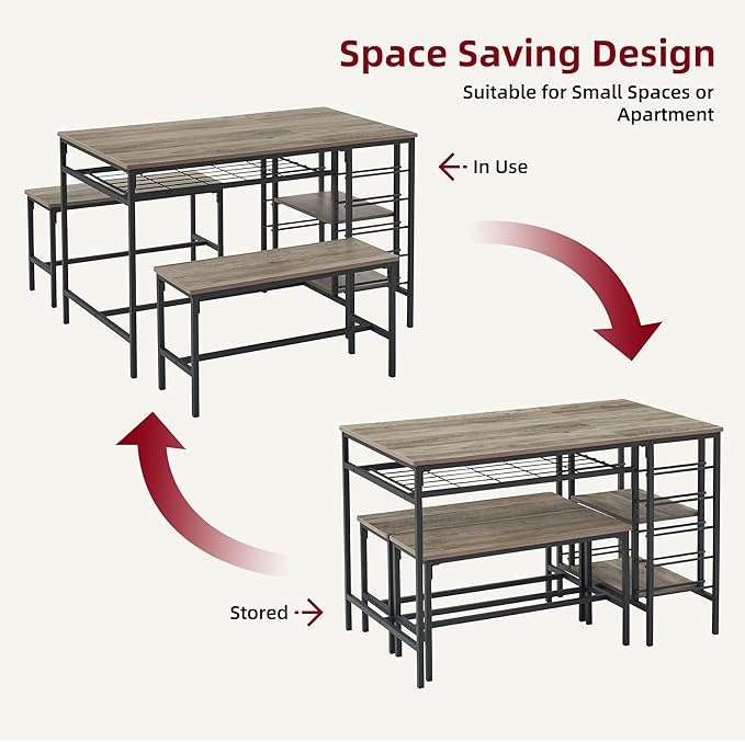 Garvee Dining Table Set for 4, Kitchen Table Set for 4 with 2 Benches, 3 Piece Dining Room Table Set for Small Space Apartment, Grey