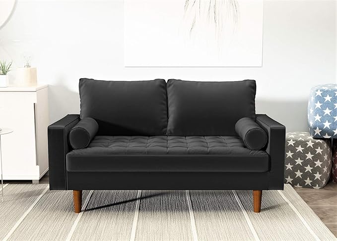 Container Furniture Direct Womble 58 Inch Velvet Loveseat Sofa with Elegant Button Tufted Upholstery, Square Arms, Splayed Wood Legs, Includes Matching Bolster Pillows, Midnight