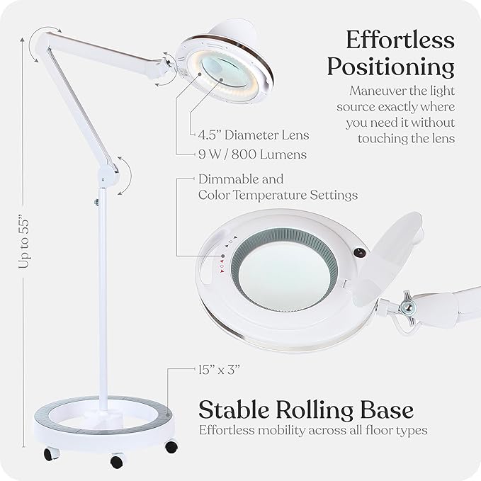 Brightech LightView Pro Magnifying Glass with Light and Stand, Magnifying Floor Lamp with a 6-Wheel Rolling Base for Facials, Lash Estheticians, Dimmable LED Work Light for Sewing, Crafts