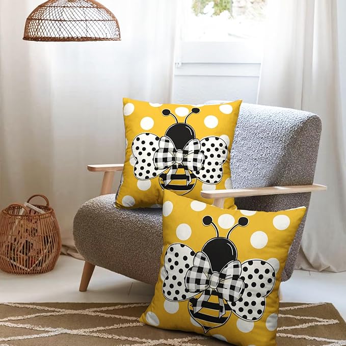 Summer Pillow Cases 24x24 Inch Set of 2 Honey Bee Polka Dots Decorative Yellow Throw Pillow Covers Cute Bumblebee Linen Square Cushion Cover for Farmhouse Living Room Couch Decor