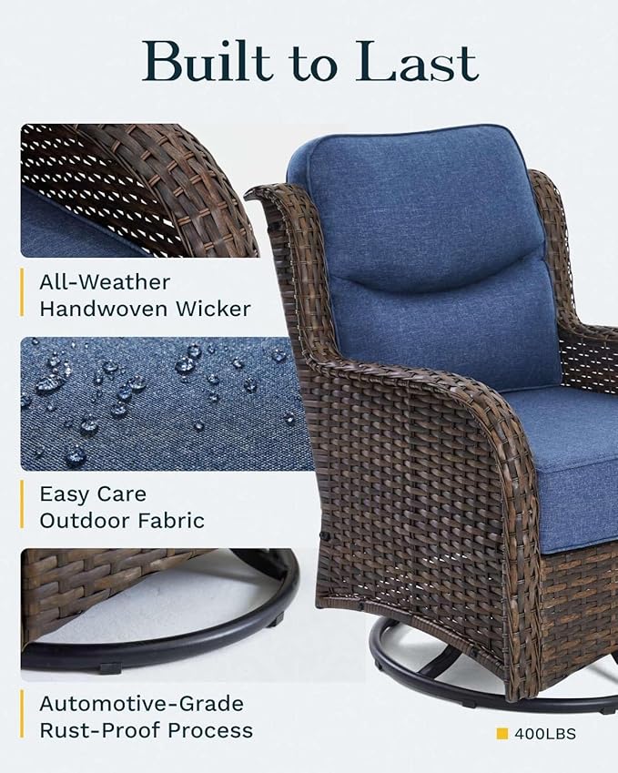 Outdoor Swivel Rocker Patio Chairs with 6-Inch Thick Cushions and Side Table, 3PCS High Back Wicker Patio Furniture Set for Porch, Balcony, Deck and Yard in Blue