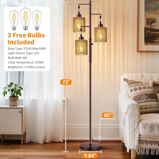 Hotsonic 72" Rattan Boho Floor Lamp, Tall Dimmable Standing Lamp with Handcrafted Brown Shades, Industrial Tree Floor Lamps for Living Room, Bedroom, Study Room, Office (3 x 800LM LED Bulbs Included)
