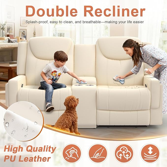 Dresegmt Loveseat Recliner Sofa, Beige PU Leather Double Recliner Loveseat with Console, Cup Holders, Storage & USB Ports, Ergonomics，Manual Reclining Sofa Couch for Living Room, RV