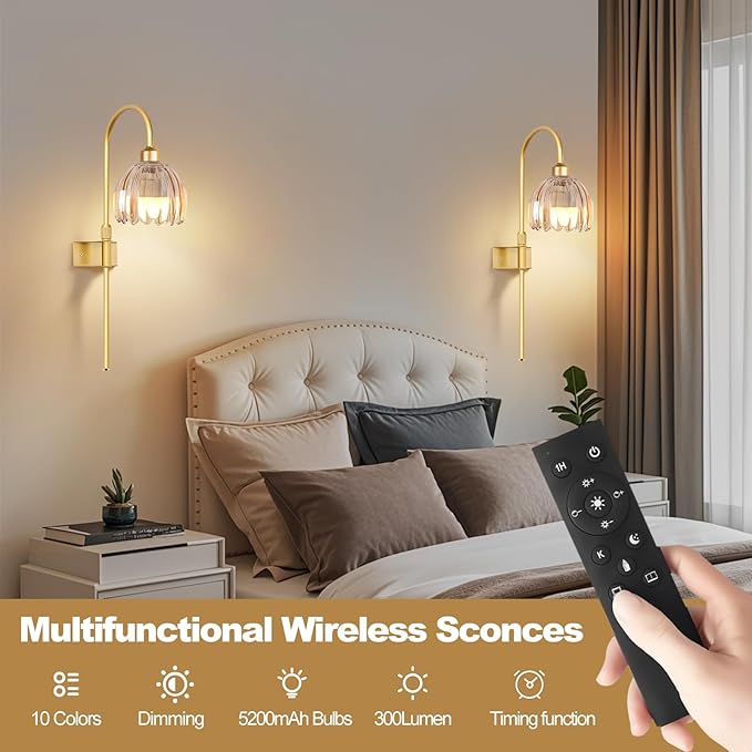 Vintage Battery Operated Wall Sconces Set of Two, Flower Wireless Rechargeable Battery Powered Wall Lights Lamp with Remote Control & Green Glass Lampshade,Gold Wall Sconces for Bedroom Living Room