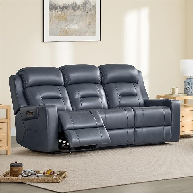 Watson & Whitely Genuine Leather Power Reclining Sofa, 3-Seater Lay Flat Recliner Sofa with Power Headrest, Cup Holders, USB & Type-C Ports, Electric Reclining Couch for Living Room, Navy Blue