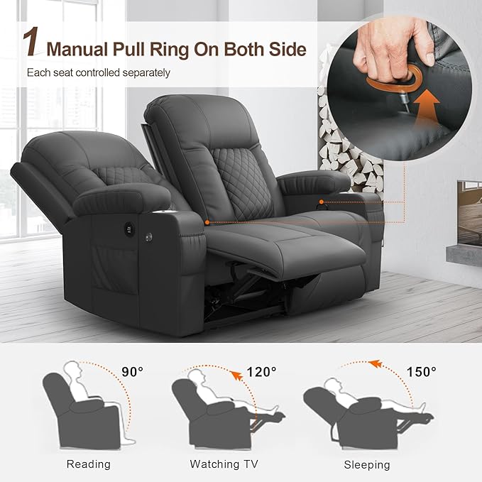 FURNIMAT Loveseat Recliner Sofa Set with 2+1 Pieces in Living Room, 2 Seater Reclining Loveseat Leather, 1 Recliner Chair with 360 Degree Swivel Single Sofa Seat