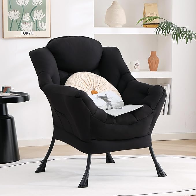Lazy Chair, Large Accent Chair, Modern Comfy Armchair, Black Chair for Living Room Bedroom Dorm Room Office Apartment Reading Relaxing Use