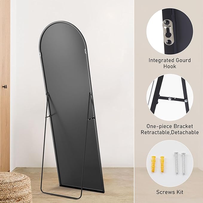 OLIXIS Arched Full Length Mirror for Bedroom, 68"x26" Full Body Mirror with Stand, Hanging or Leaning for Wall, Aluminum Alloy Thin Frame Floor Standing for Living Room, Long, Black