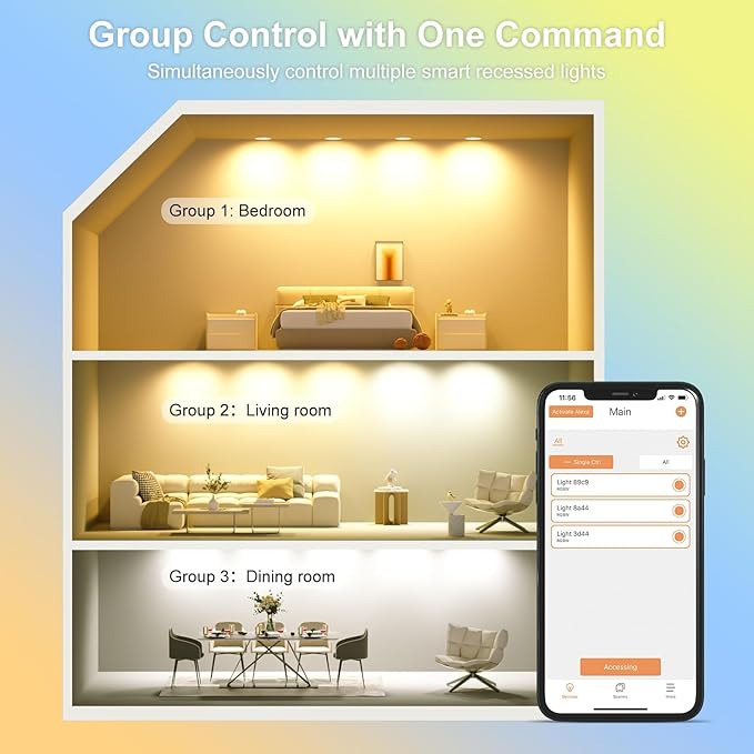 Smart Recessed Lighting 6 Inch Canless LED Recessed Ceiling Light with Junction Box work with Alexa, 2700K~6000K 5CCT Selectable,16W 1350LM High Brightness Wafer Downlight Dimming by Bluetooth-12Pack
