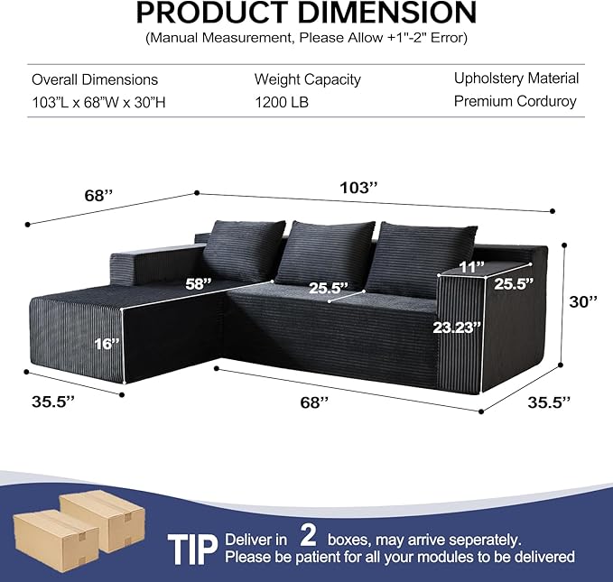 HonTop 103” Modular Sectional Sofa L-Shaped Cloud Couch, Boneless Comfy Corduroy Sofa with Deep Seat, Modern Minimalist Upholstered Couches, No Assembly Required for Living Room Bedroom, Dark Grey | Friendly Size, Flexible Modular, Family Pet-Friendly,...