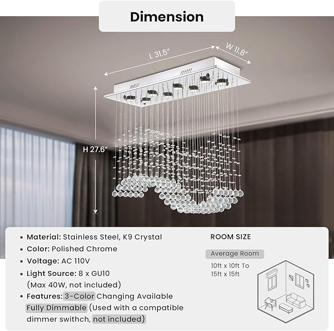 Siljoy 8-Light Modern Wave Raindrop Crystal Chandelier, Luxury Chrome Rectangular Flush Mount Crystal Pendant Ceiling Light for Dining Living Room Kitchen Island L31.5'' x W12'' x H28''