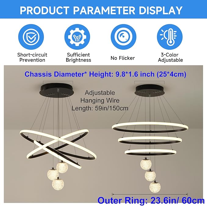 LED Modern 3 Ring Chandeliers for Dining Room, 24in Dimmable Kitchen Pendant Lamp, Black Dining Room Light Fixtures Ceiling Hanging Over Table, Globe Round Chandeliers for Living Room Bedroom