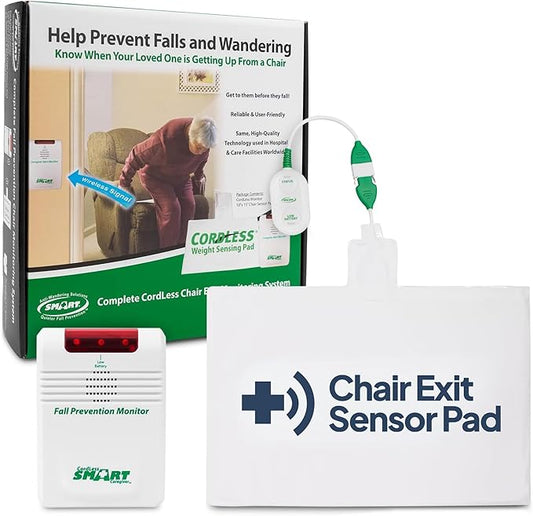 Smart Caregiver Wireless Chair Exit Alarm with Weight Sensing Pad - Automatically alerts caregiver when they get up to prevent falls | 10"x15" Pressure Sensor and Cordless Chair Alarm up to 300' Range
